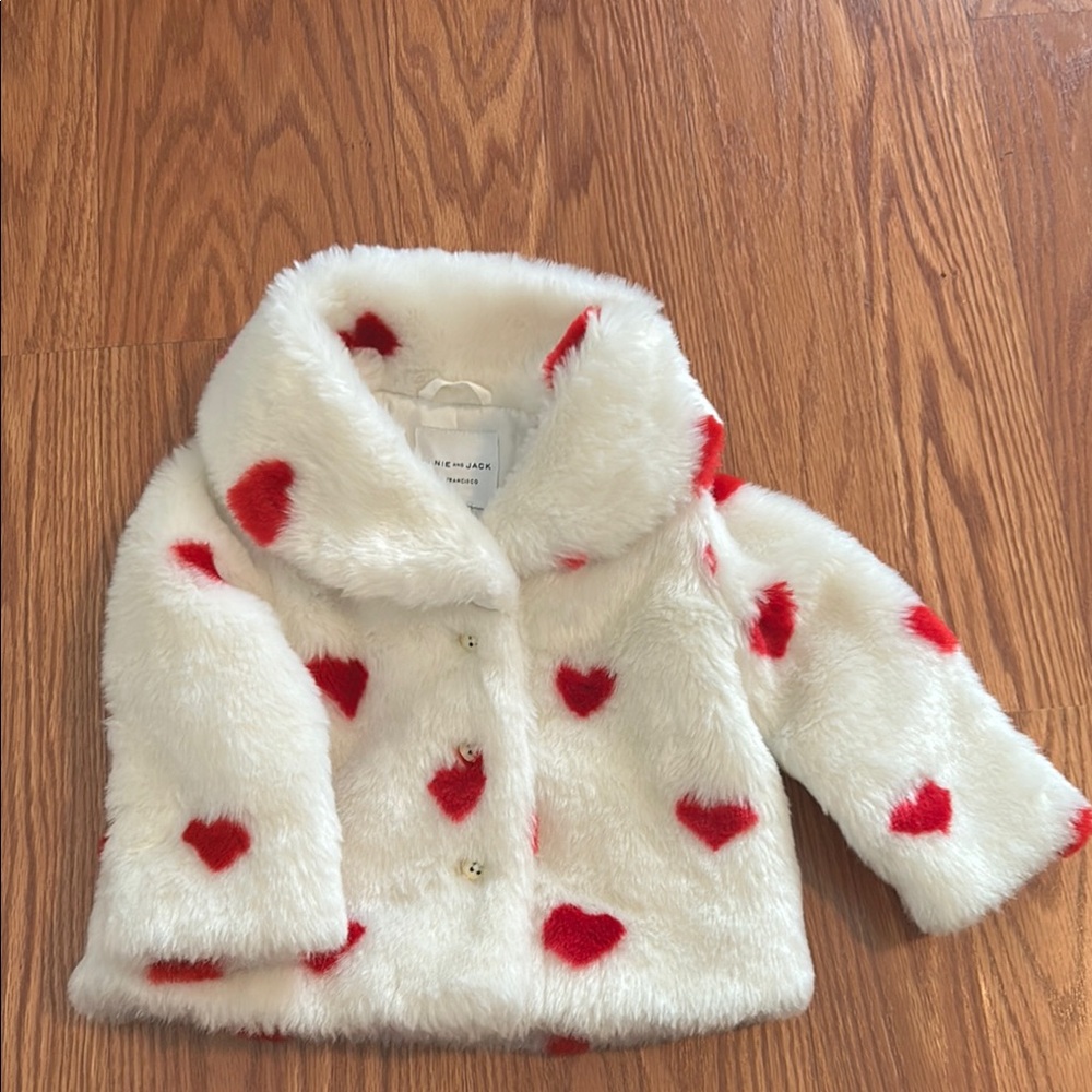 Janie and Jack White Faux Fur Puffer Jacket with Red Heart Print
